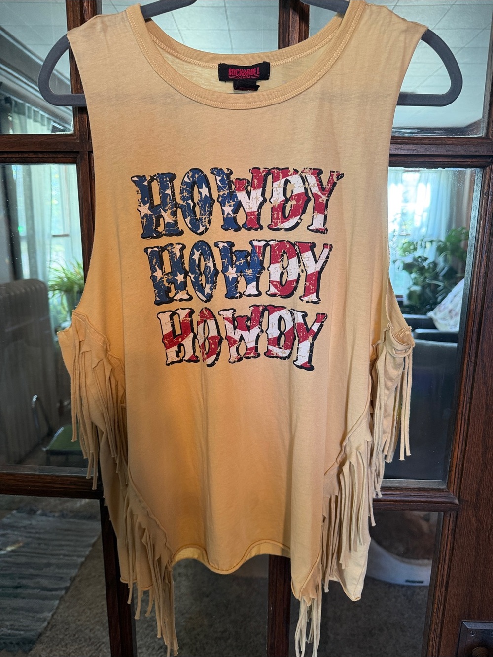 Fringed 'Howdy' Graphic Tank Top in Pale Yellow